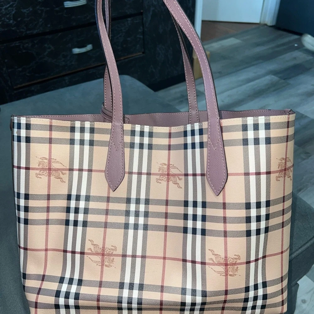 Burberry Beige and Pink Plaid Tote - Picture 3 of 8